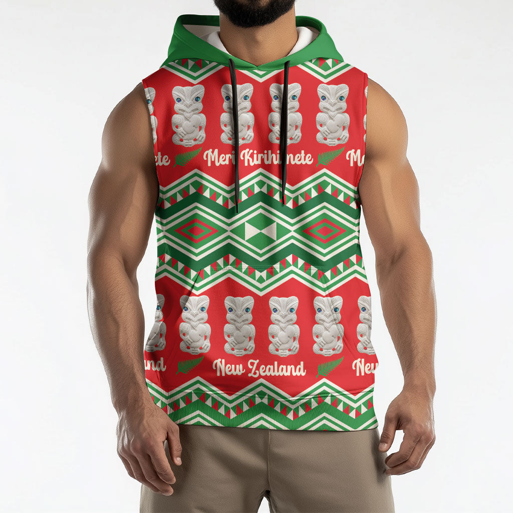 New Zealand Christmas In July Sleeveless Hoodie Meri Kirihimete Hei Tiki Taniko Motifs Seamless LT14 - Polynesian Pride