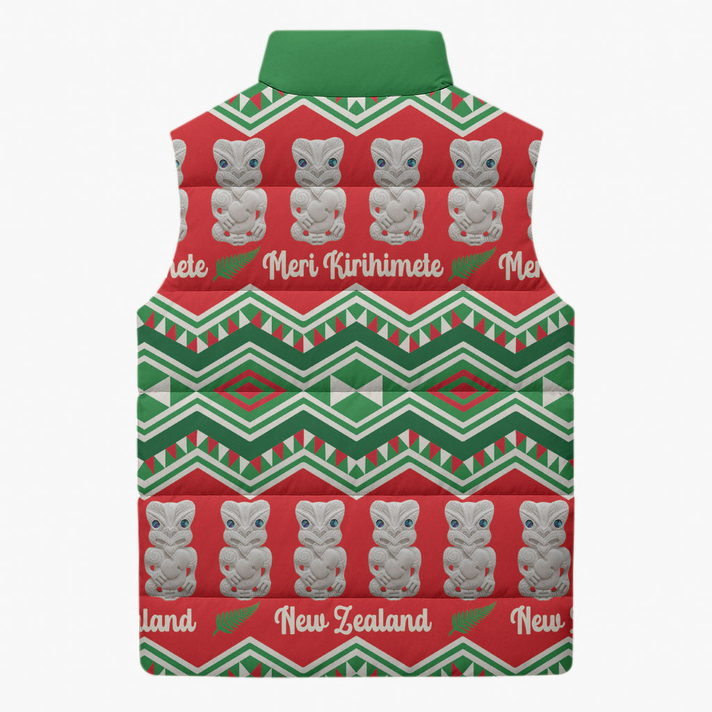 New Zealand Christmas In July Sleeveless Puffer Jacket Meri Kirihimete Hei Tiki Taniko Motifs Seamless LT14 - Polynesian Pride