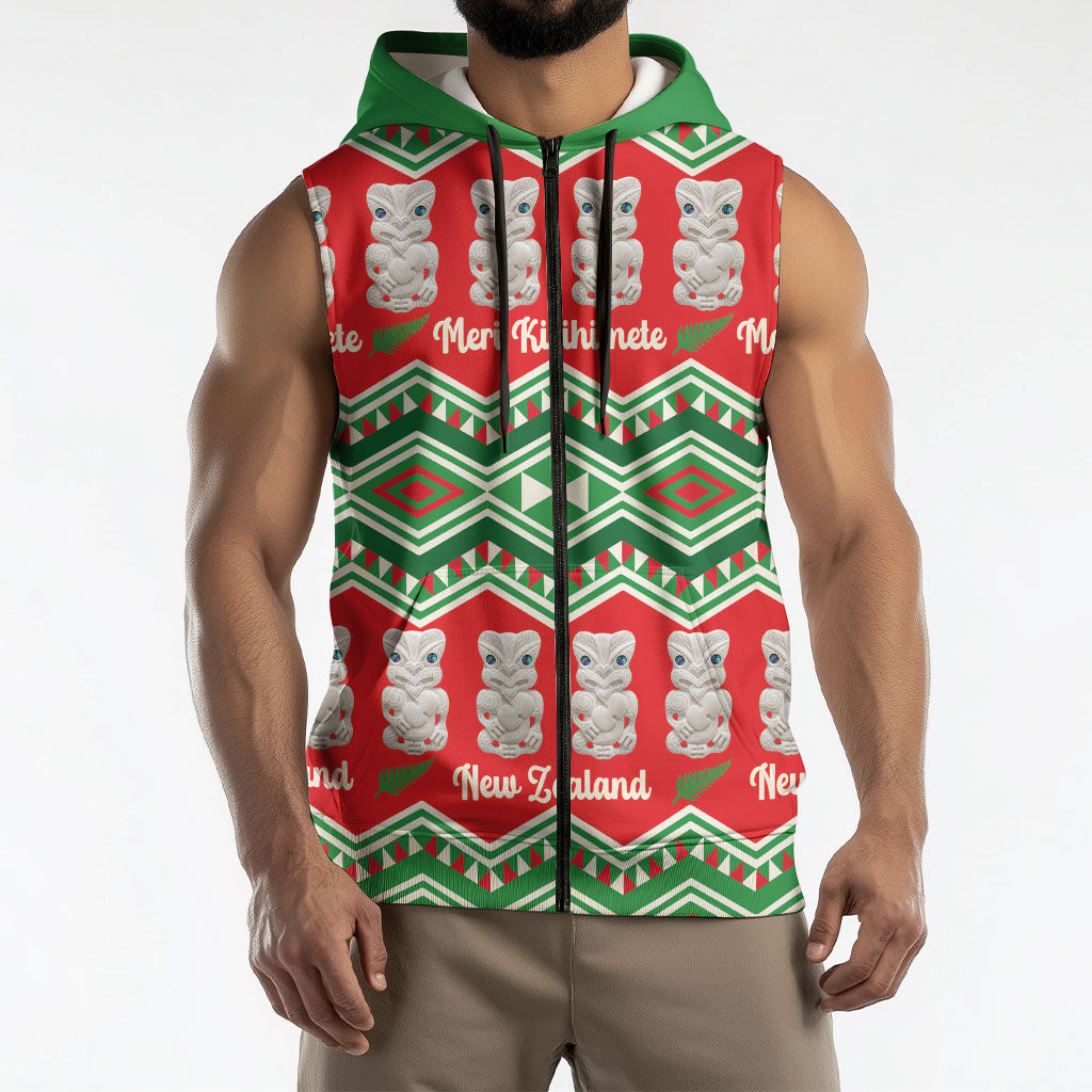 New Zealand Christmas In July Sleeveless Zip Hoodie Meri Kirihimete Hei Tiki Taniko Motifs Seamless LT14 - Polynesian Pride