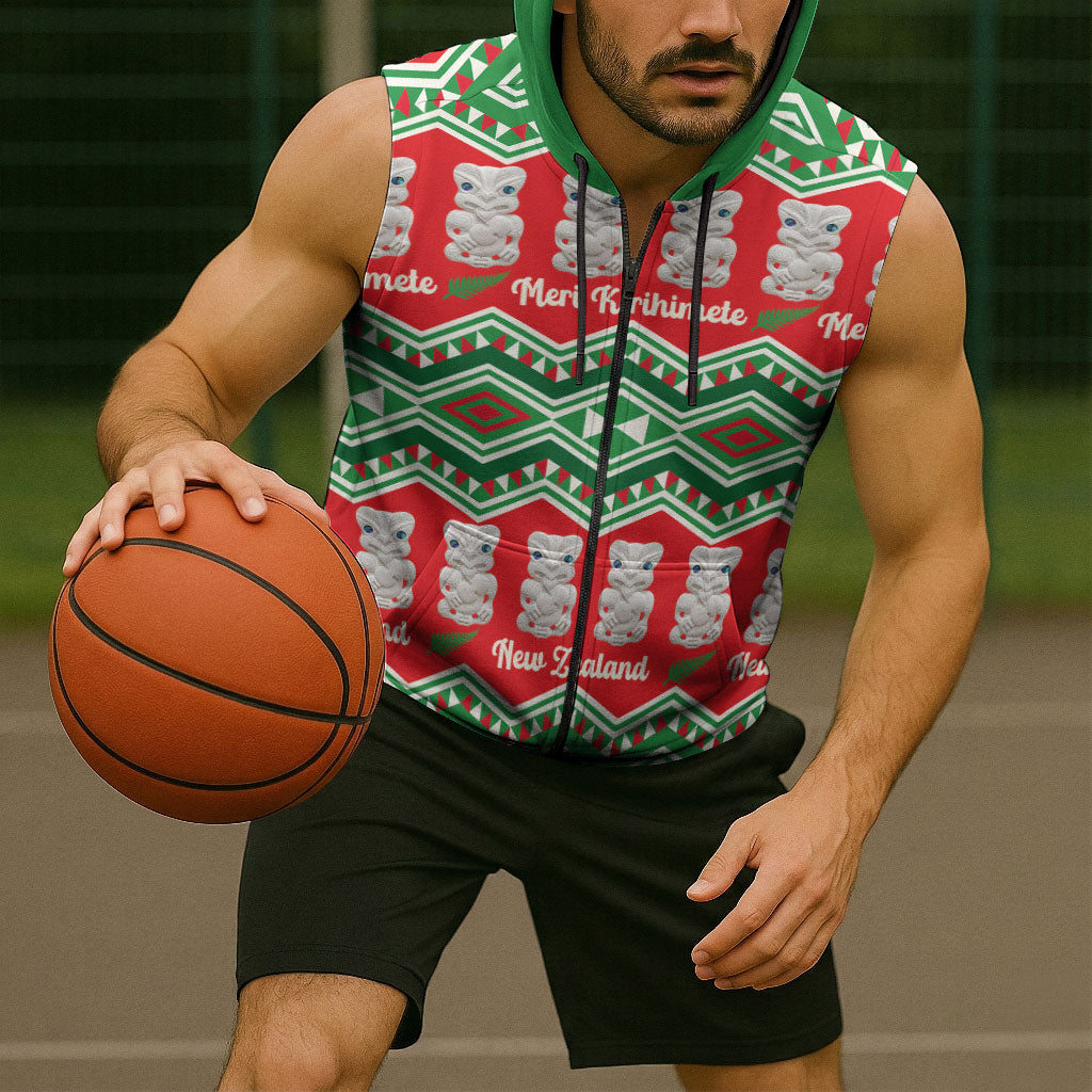 New Zealand Christmas In July Sleeveless Zip Hoodie Meri Kirihimete Hei Tiki Taniko Motifs Seamless LT14 - Polynesian Pride