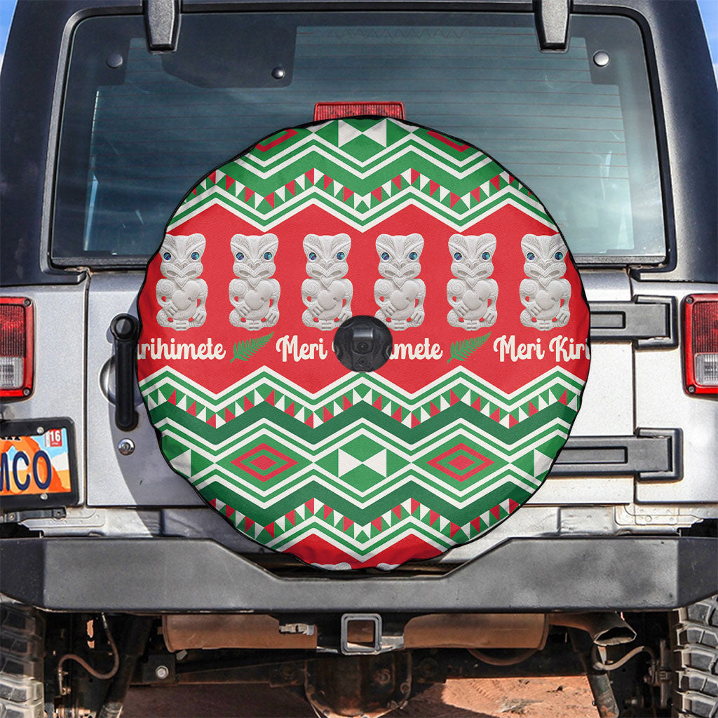 New Zealand Christmas In July Spare Tire Cover Meri Kirihimete Hei Tiki Taniko Motifs Seamless LT14 Red - Polynesian Pride