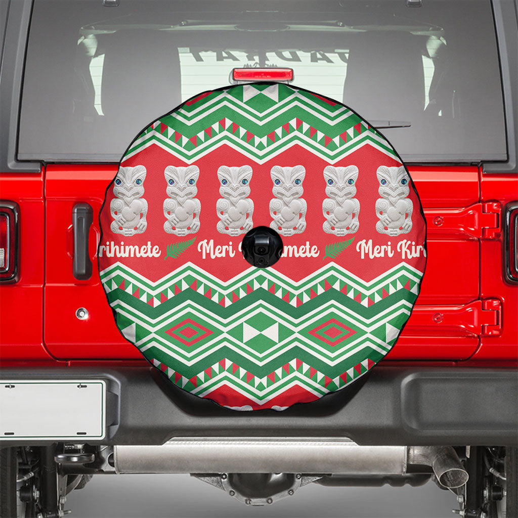 New Zealand Christmas In July Spare Tire Cover Meri Kirihimete Hei Tiki Taniko Motifs Seamless LT14 - Polynesian Pride