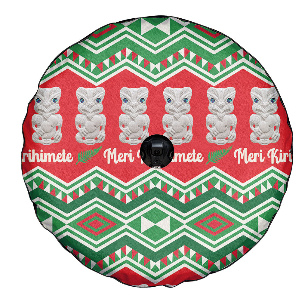 New Zealand Christmas In July Spare Tire Cover Meri Kirihimete Hei Tiki Taniko Motifs Seamless LT14 - Polynesian Pride