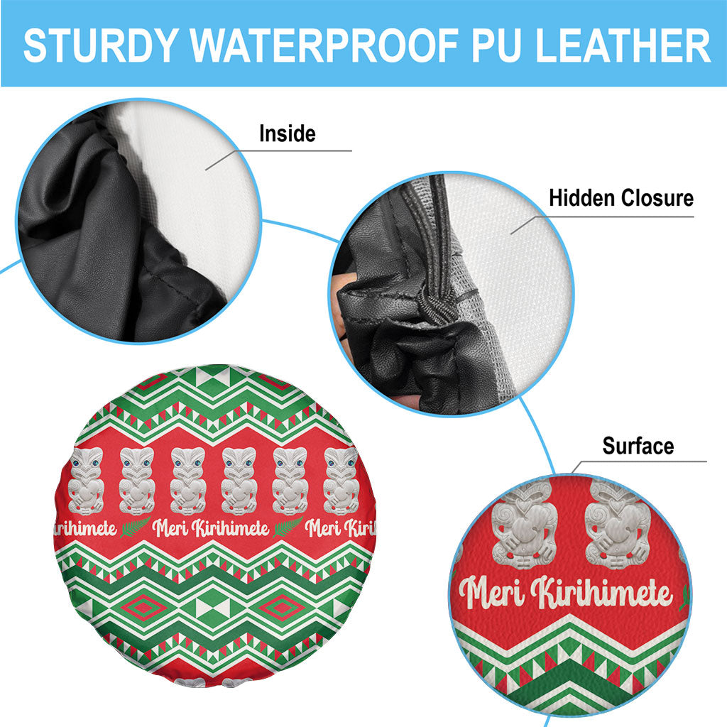New Zealand Christmas In July Spare Tire Cover Meri Kirihimete Hei Tiki Taniko Motifs Seamless LT14 - Polynesian Pride