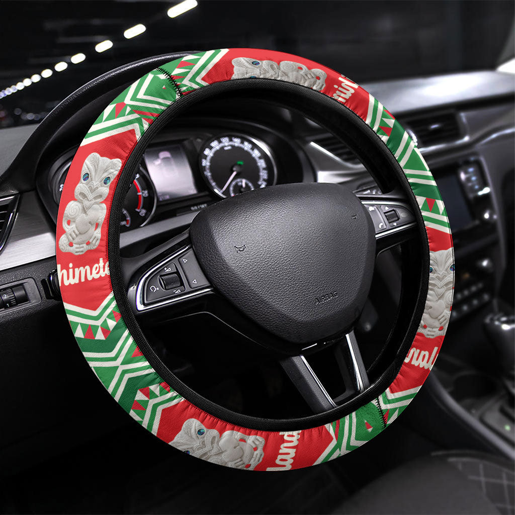 New Zealand Christmas In July Steering Wheel Cover Meri Kirihimete Hei Tiki Taniko Motifs Seamless LT14 Universal Fit Red - Polynesian Pride
