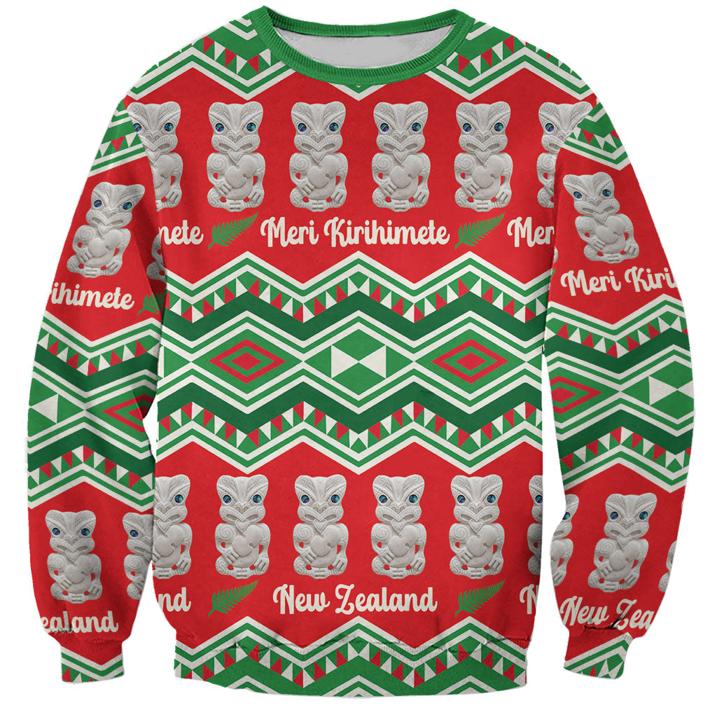 New Zealand Christmas In July Sweatshirt Meri Kirihimete Hei Tiki Taniko Motifs Seamless LT14 Unisex Red - Polynesian Pride