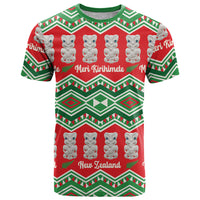 New Zealand Christmas In July T Shirt Meri Kirihimete Hei Tiki Taniko Motifs Seamless LT14 Red - Polynesian Pride