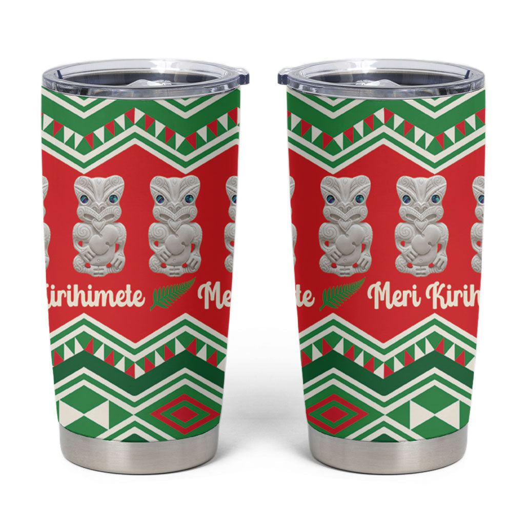 New Zealand Christmas In July Tumbler Cup Meri Kirihimete Hei Tiki Taniko Motifs Seamless LT14 Red - Polynesian Pride