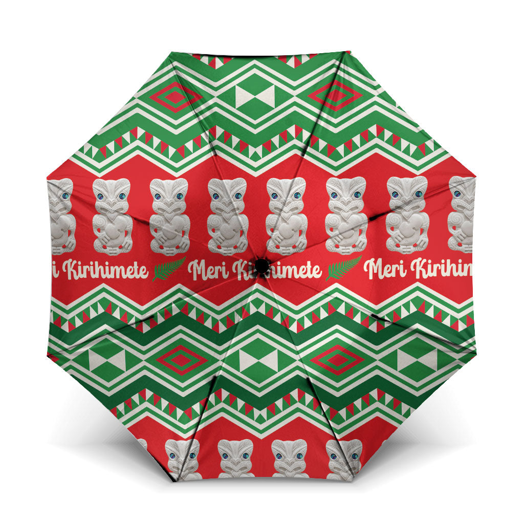 New Zealand Christmas In July Umbrella Meri Kirihimete Hei Tiki Taniko Motifs Seamless LT14 One Size Folded 11.42 inch Opened Diameter 37.4 inch Red - Polynesian Pride