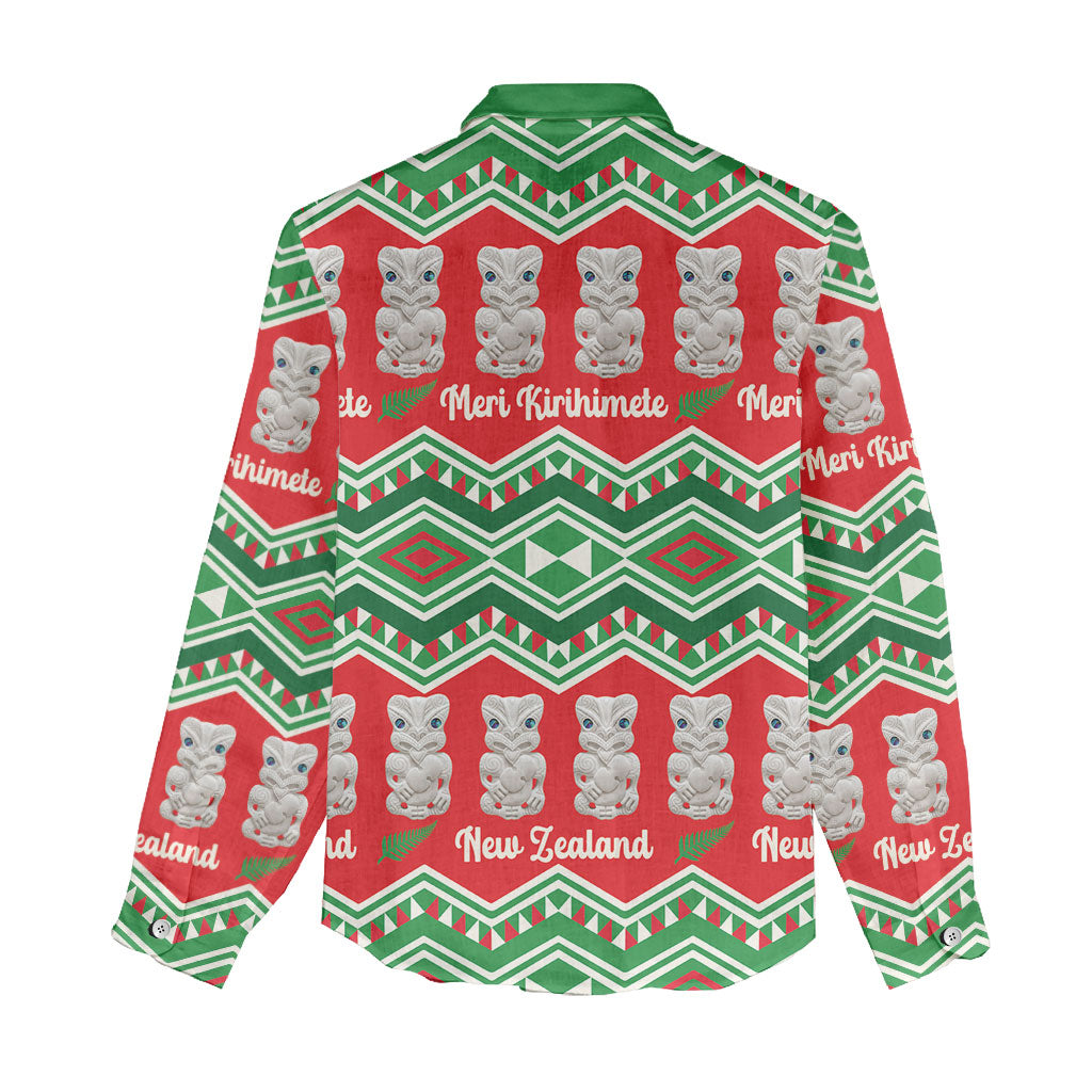 New Zealand Christmas In July Women Casual Shirt Meri Kirihimete Hei Tiki Taniko Motifs Seamless LT14 - Polynesian Pride