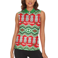 New Zealand Christmas In July Women Sleeveless Polo Shirt Meri Kirihimete Hei Tiki Taniko Motifs Seamless LT14 - Polynesian Pride
