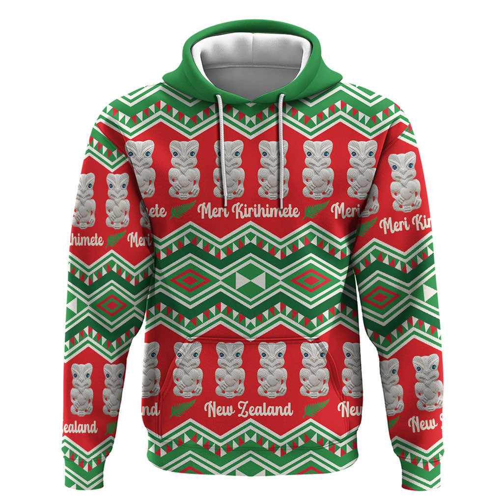 New Zealand Christmas In July Zip Hoodie Meri Kirihimete Hei Tiki Taniko Motifs Seamless LT14 Pullover Hoodie Red - Polynesian Pride