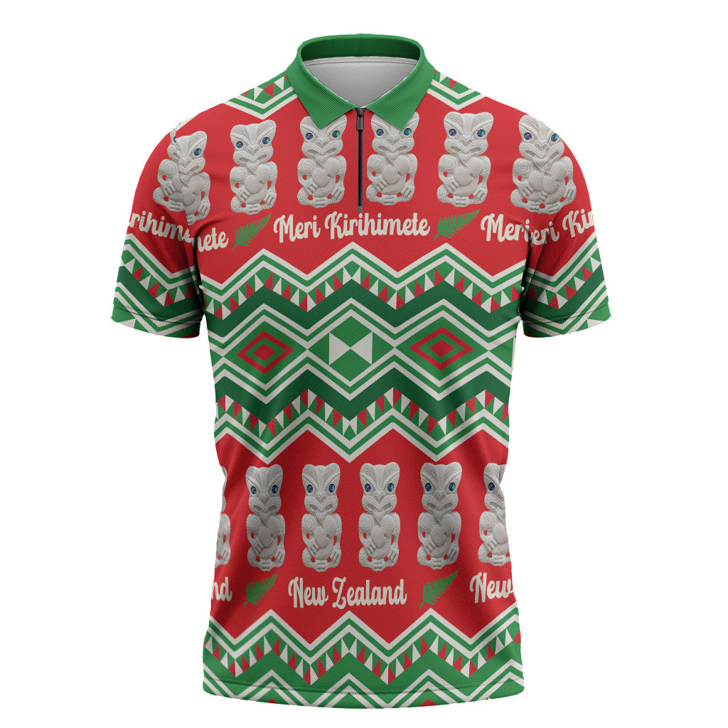 New Zealand Christmas In July Zipper Polo Shirt Meri Kirihimete Hei Tiki Taniko Motifs Seamless LT14 Red - Polynesian Pride