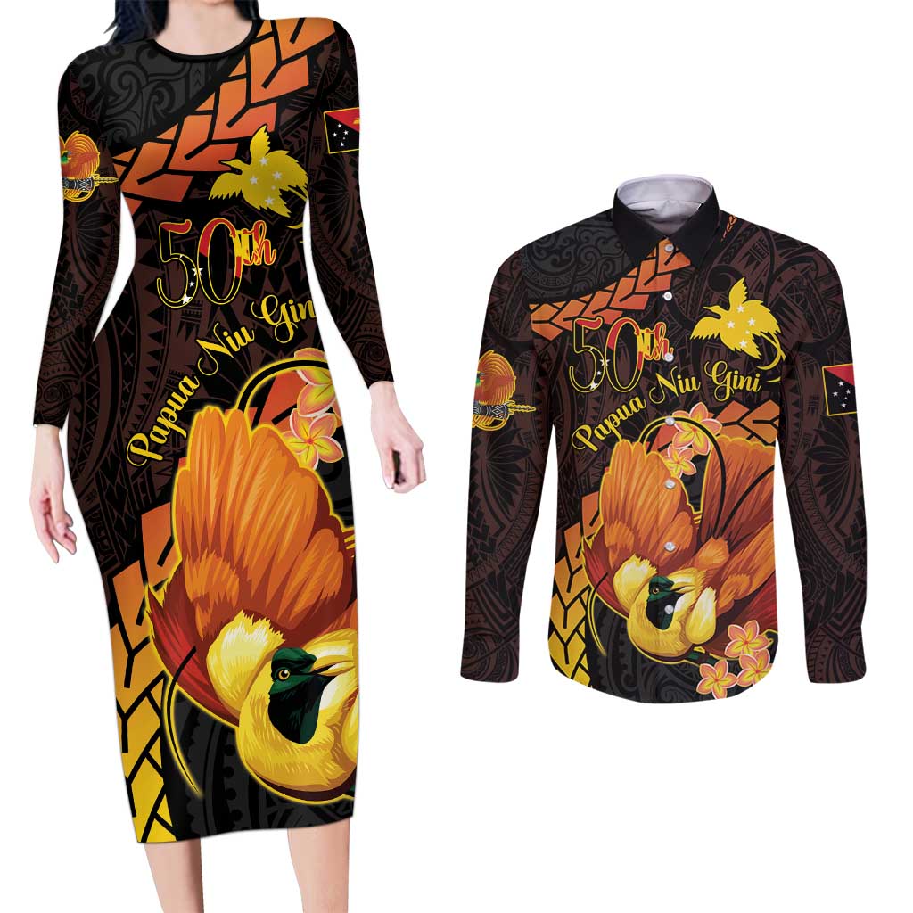 Papua New Guinea Independence Day Couples Matching Long Sleeve Bodycon Dress and Long Sleeve Button Shirt 50th Anniversary Papua Niu Gini Bird Of Paradise LT14