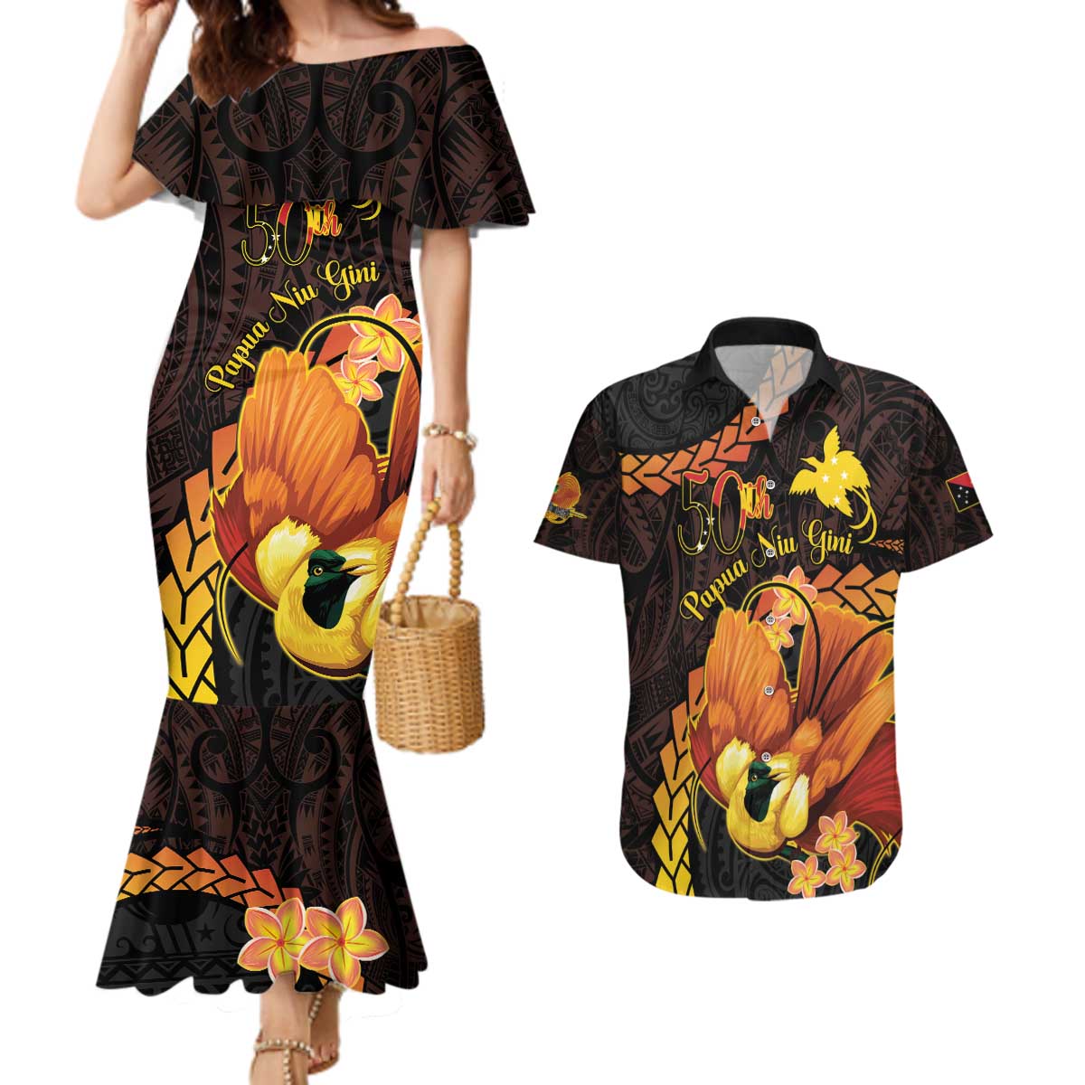 Papua New Guinea Independence Day Couples Matching Mermaid Dress and Hawaiian Shirt 50th Anniversary Papua Niu Gini Bird Of Paradise LT14