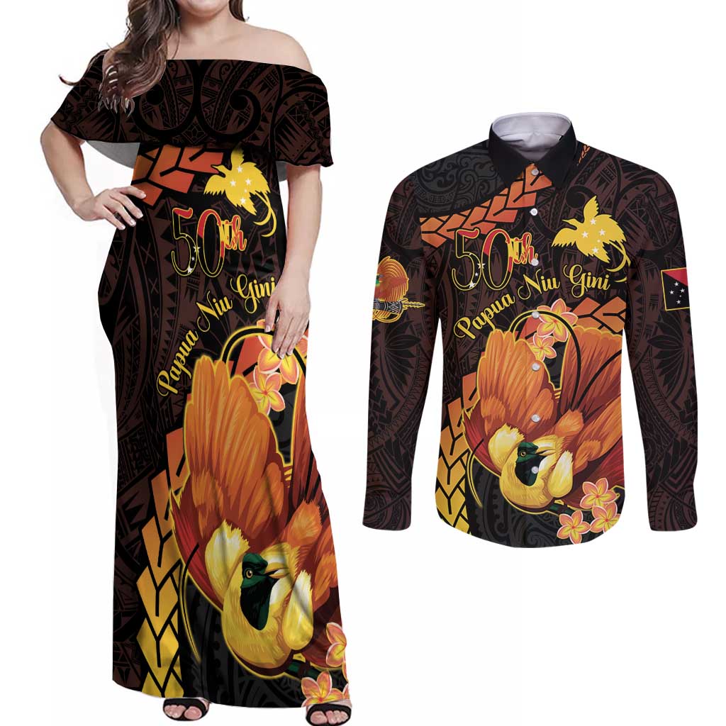 Papua New Guinea Independence Day Couples Matching Off Shoulder Maxi Dress and Long Sleeve Button Shirt 50th Anniversary Papua Niu Gini Bird Of Paradise LT14