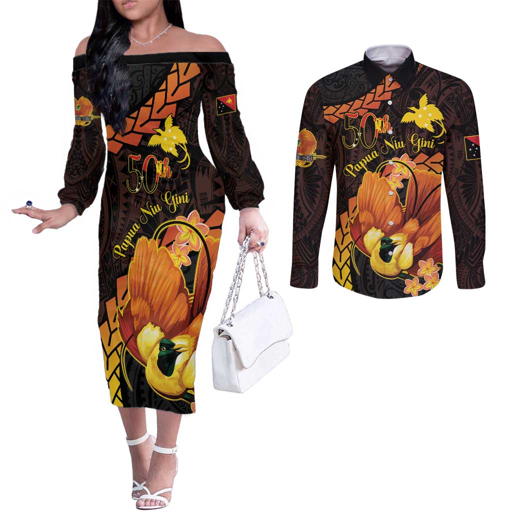 Papua New Guinea Independence Day Couples Matching Off The Shoulder Long Sleeve Dress and Long Sleeve Button Shirt 50th Anniversary Papua Niu Gini Bird Of Paradise LT14