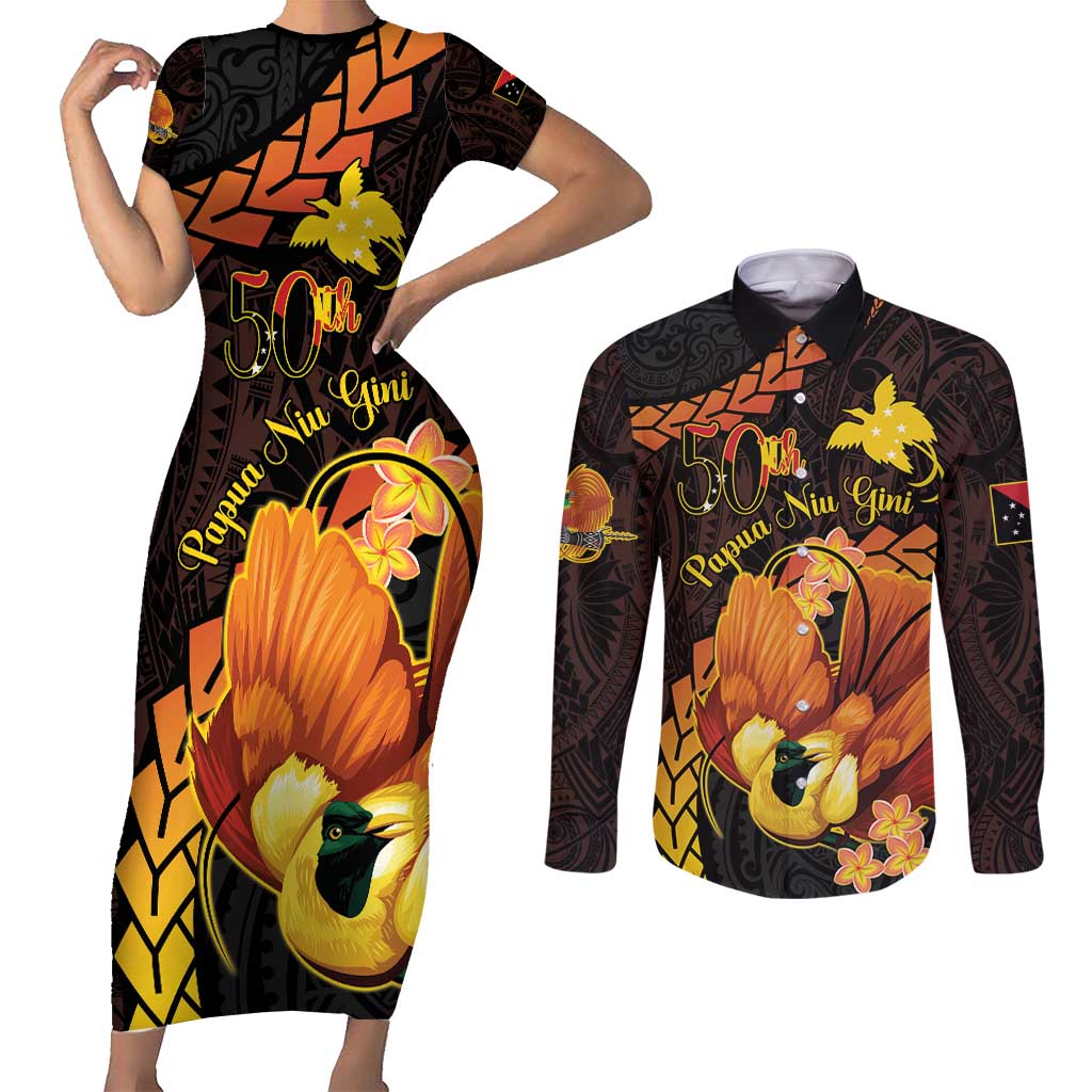 Papua New Guinea Independence Day Couples Matching Short Sleeve Bodycon Dress and Long Sleeve Button Shirt 50th Anniversary Papua Niu Gini Bird Of Paradise LT14