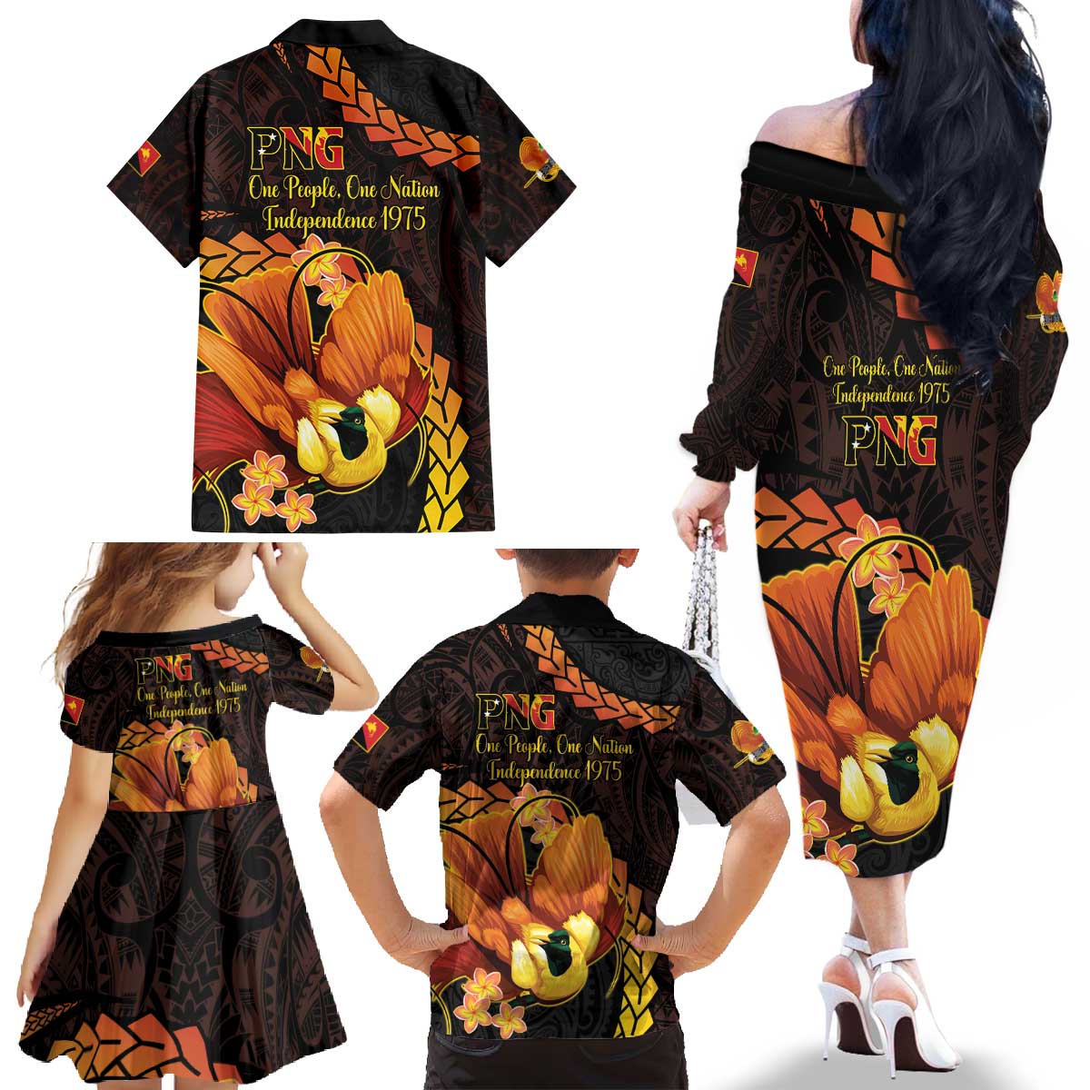 Papua New Guinea Independence Day Family Matching Off The Shoulder Long Sleeve Dress and Hawaiian Shirt 50th Anniversary Papua Niu Gini Bird Of Paradise LT14