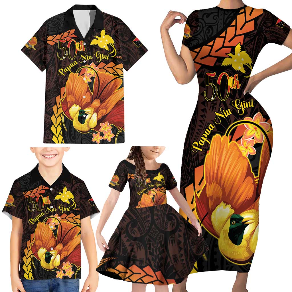 Papua New Guinea Independence Day Family Matching Short Sleeve Bodycon Dress and Hawaiian Shirt 50th Anniversary Papua Niu Gini Bird Of Paradise LT14