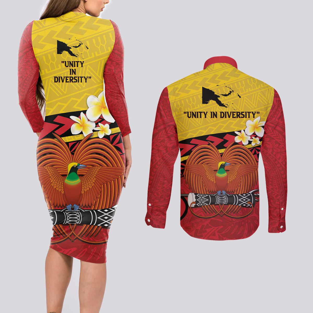 Papua New Guinea Independence Day Couples Matching Long Sleeve Bodycon Dress and Long Sleeve Button Shirt Since 1975 Unity In Diversity