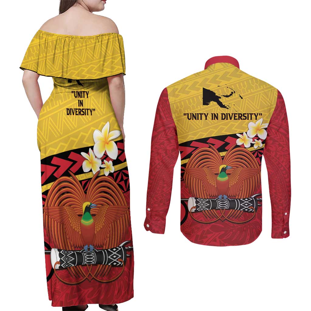 Papua New Guinea Independence Day Couples Matching Off Shoulder Maxi Dress and Long Sleeve Button Shirt Since 1975 Unity In Diversity