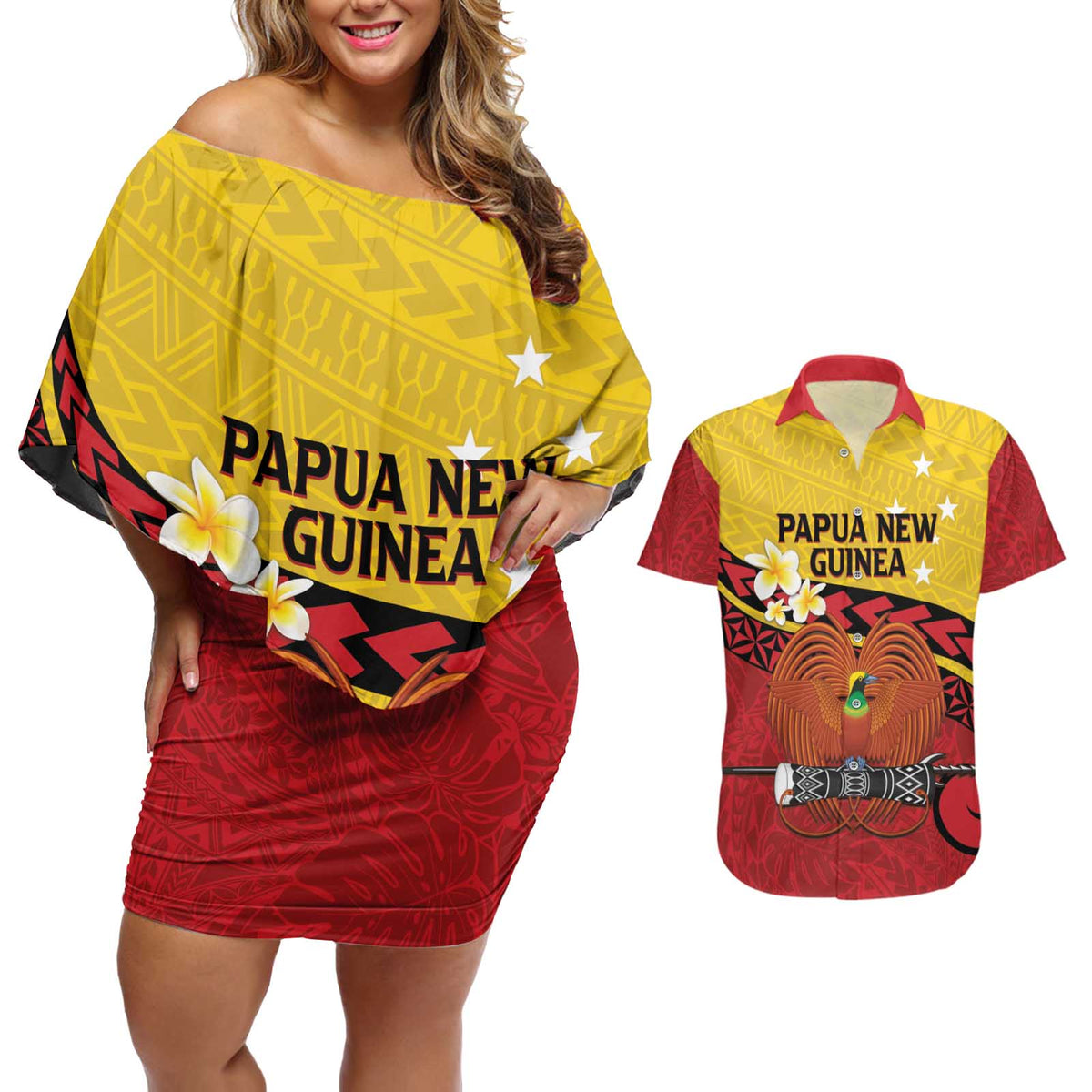 Papua New Guinea Independence Day Couples Matching Off Shoulder Short Dress and Hawaiian Shirt Since 1975 Unity In Diversity