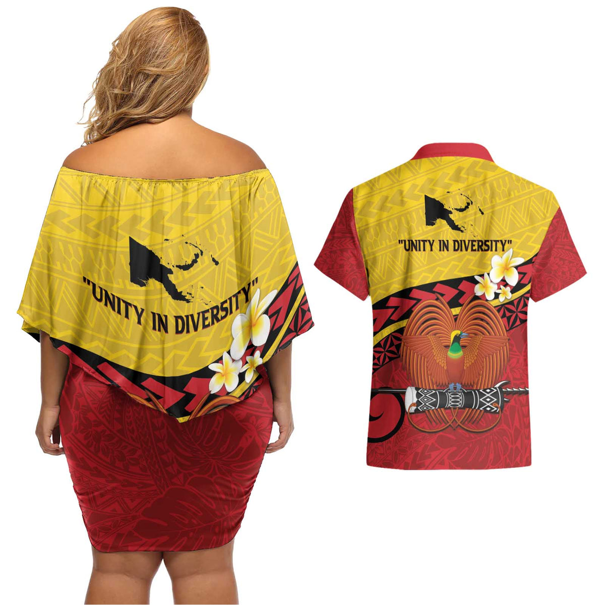 Papua New Guinea Independence Day Couples Matching Off Shoulder Short Dress and Hawaiian Shirt Since 1975 Unity In Diversity