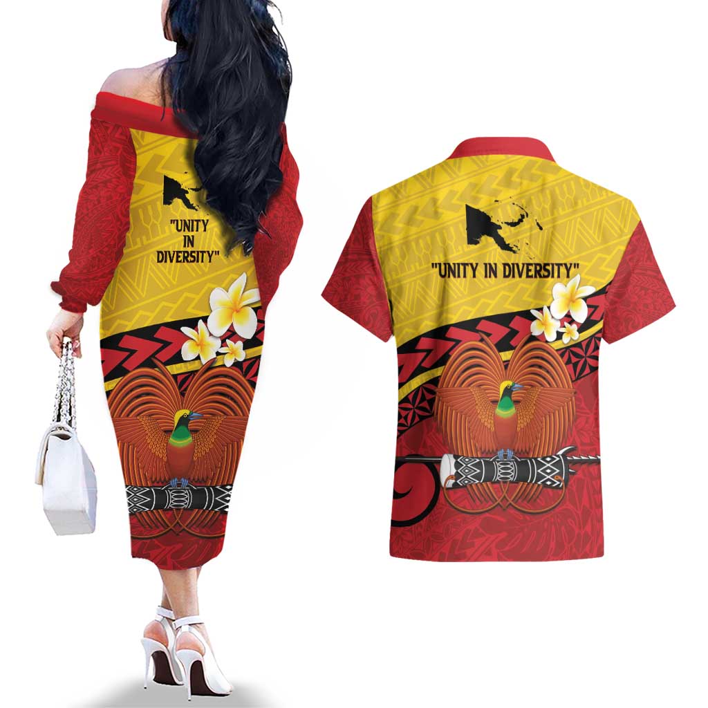 Papua New Guinea Independence Day Couples Matching Off The Shoulder Long Sleeve Dress and Hawaiian Shirt Since 1975 Unity In Diversity
