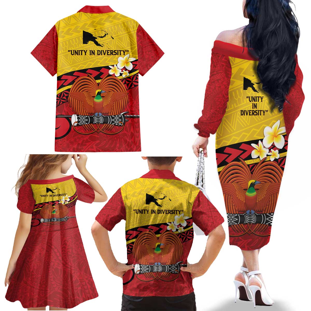 Papua New Guinea Independence Day Family Matching Off The Shoulder Long Sleeve Dress and Hawaiian Shirt Since 1975 Unity In Diversity