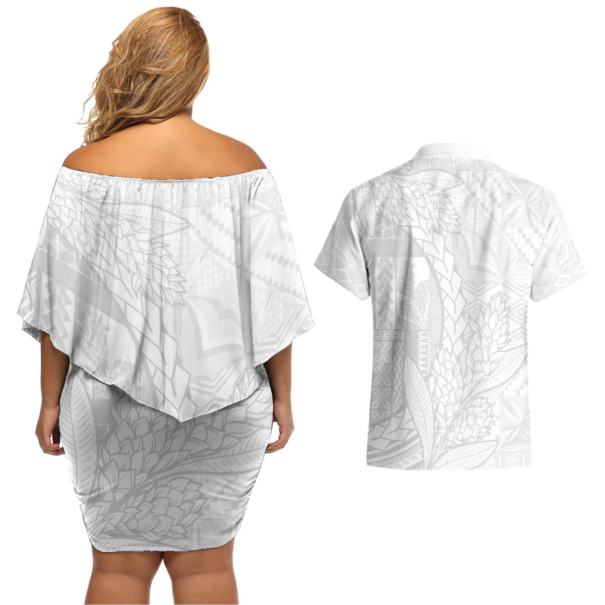 Samoa White Sunday Couples Matching Off Shoulder Short Dress and Hawaiian Shirt Lotu Tamaiti Siapo With Teuila