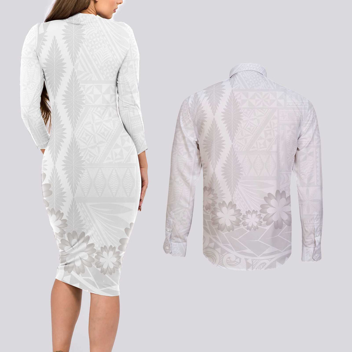 Tonga White Sunday Couples Matching Long Sleeve Bodycon Dress and Long Sleeve Button Shirt Manuia le Aso Sa o Tamaiti Heilala With Ngatu Pattern