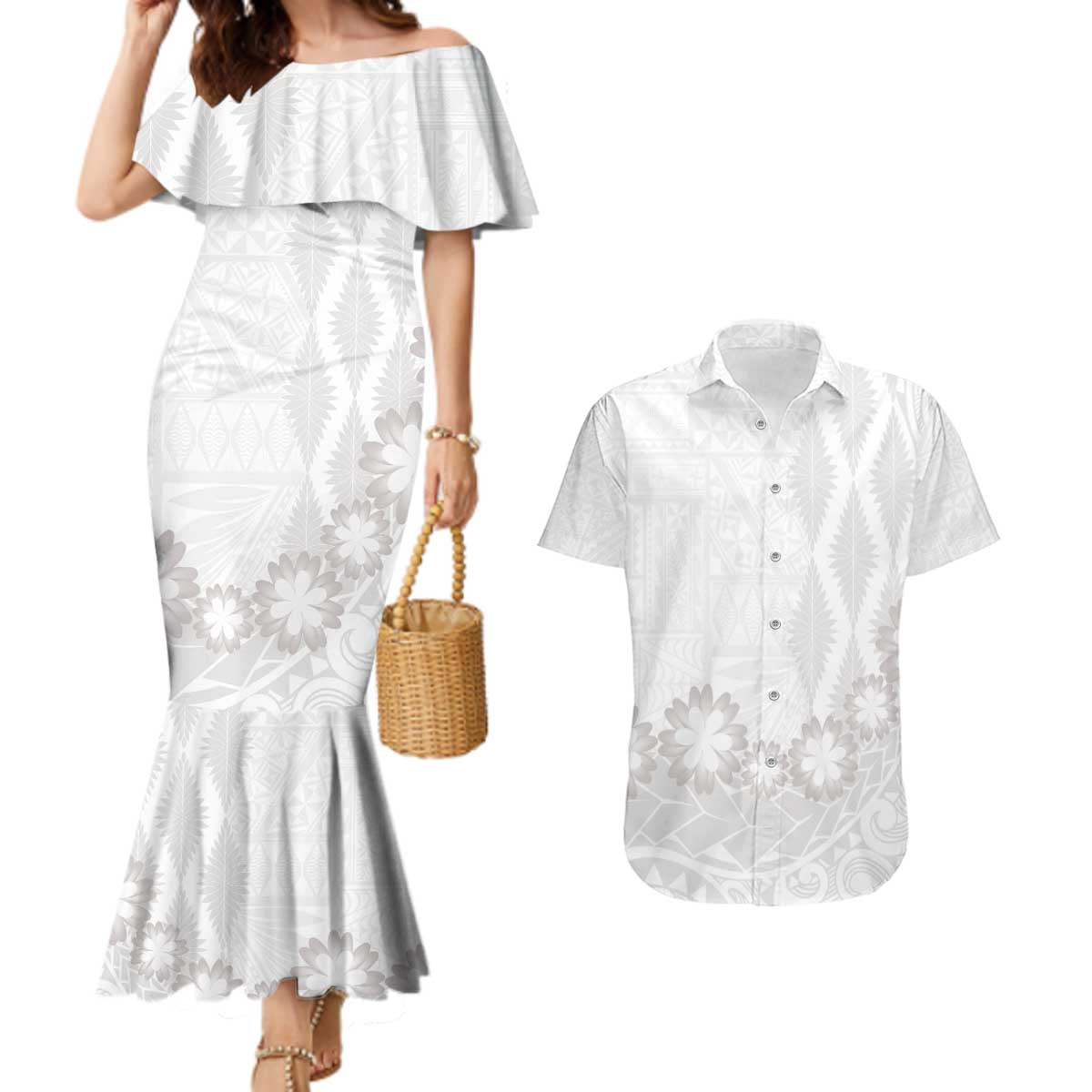 Tonga White Sunday Couples Matching Mermaid Dress and Hawaiian Shirt Manuia le Aso Sa o Tamaiti Heilala With Ngatu Pattern