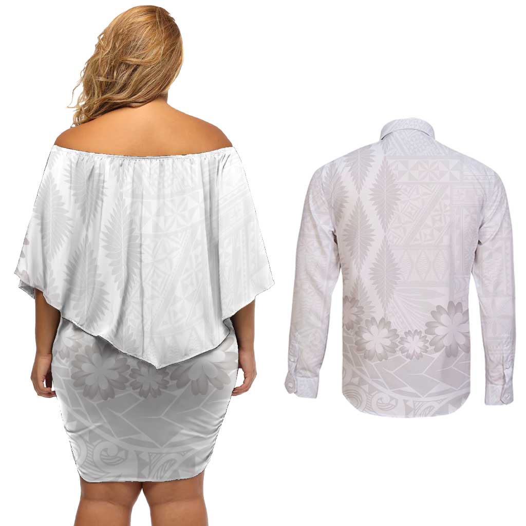 Tonga White Sunday Couples Matching Off Shoulder Short Dress and Long Sleeve Button Shirt Manuia le Aso Sa o Tamaiti Heilala With Ngatu Pattern