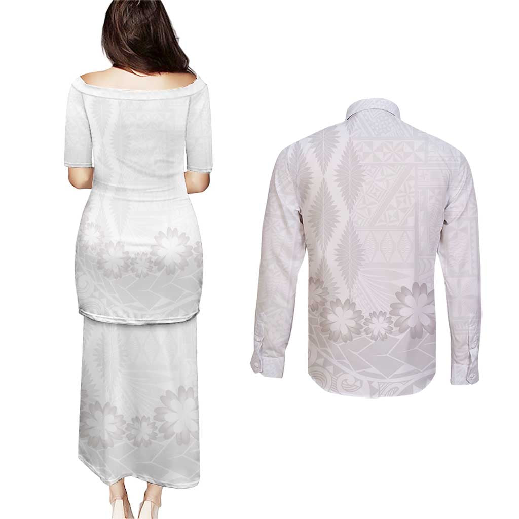 Tonga White Sunday Couples Matching Puletasi and Long Sleeve Button Shirt Manuia le Aso Sa o Tamaiti Heilala With Ngatu Pattern