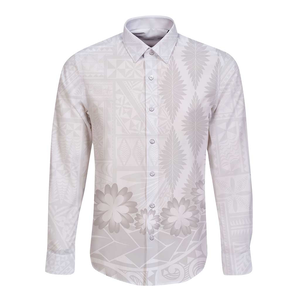 Tonga White Sunday Long Sleeve Button Shirt Manuia le Aso Sa o Tamaiti Heilala With Ngatu Pattern
