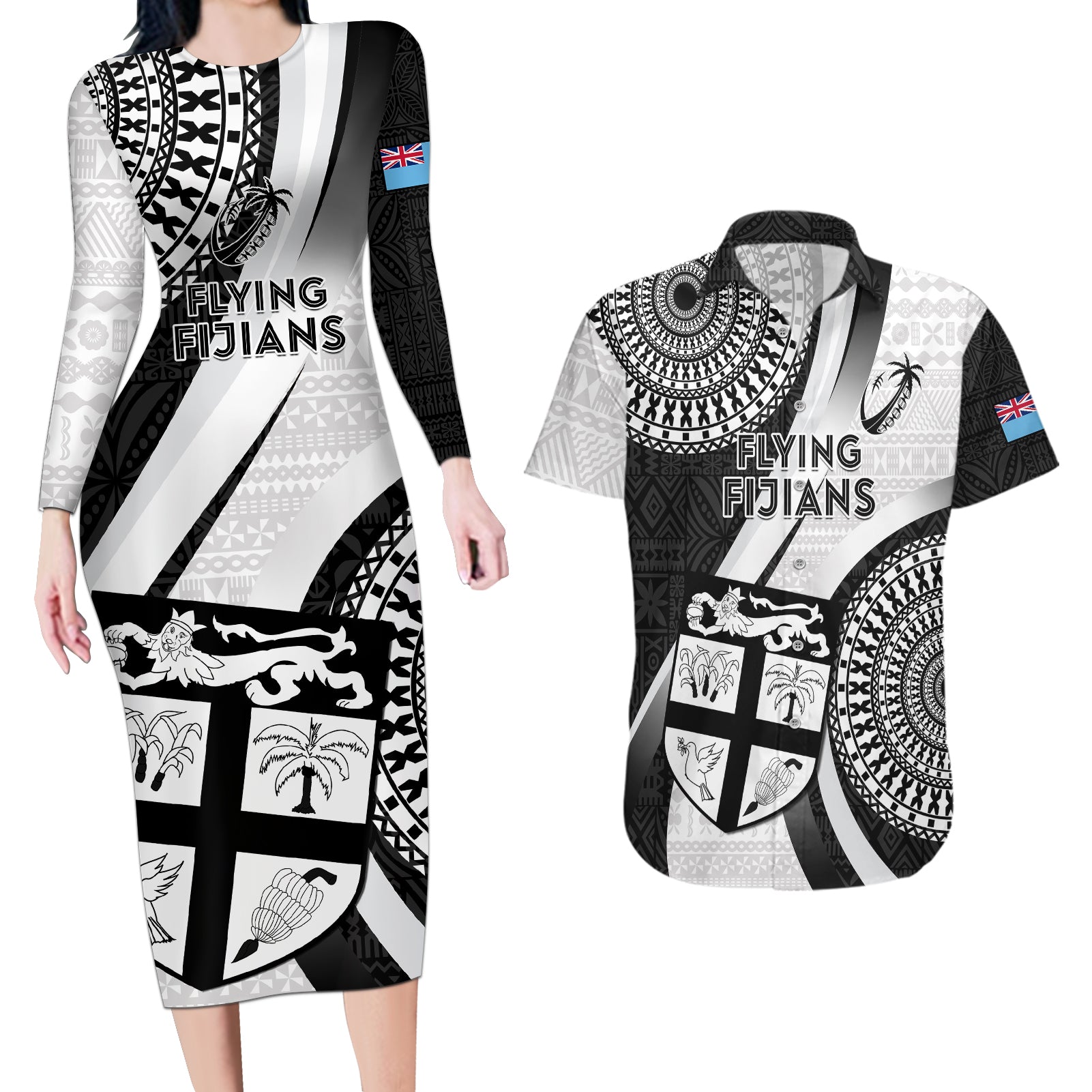 Fiji Rugby Couples Matching Long Sleeve Bodycon Dress and Hawaiian Shirt World Cup 2023 Go Champions Fijian Tapa Black Version LT14 Black - Polynesian Pride