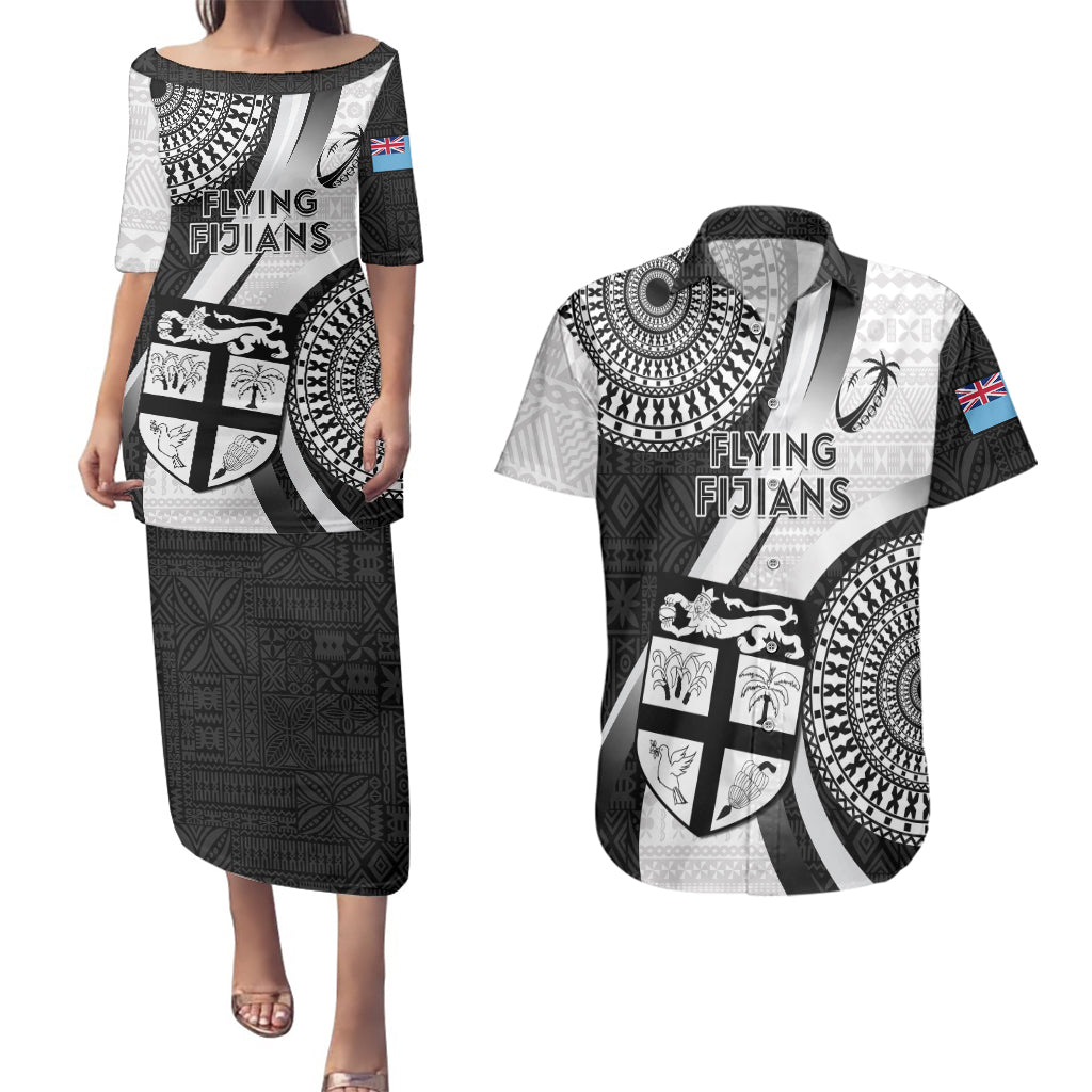 Fiji Rugby Couples Matching Puletasi Dress and Hawaiian Shirt World Cup 2023 Go Champions Fijian Tapa Black Version LT14 Black - Polynesian Pride