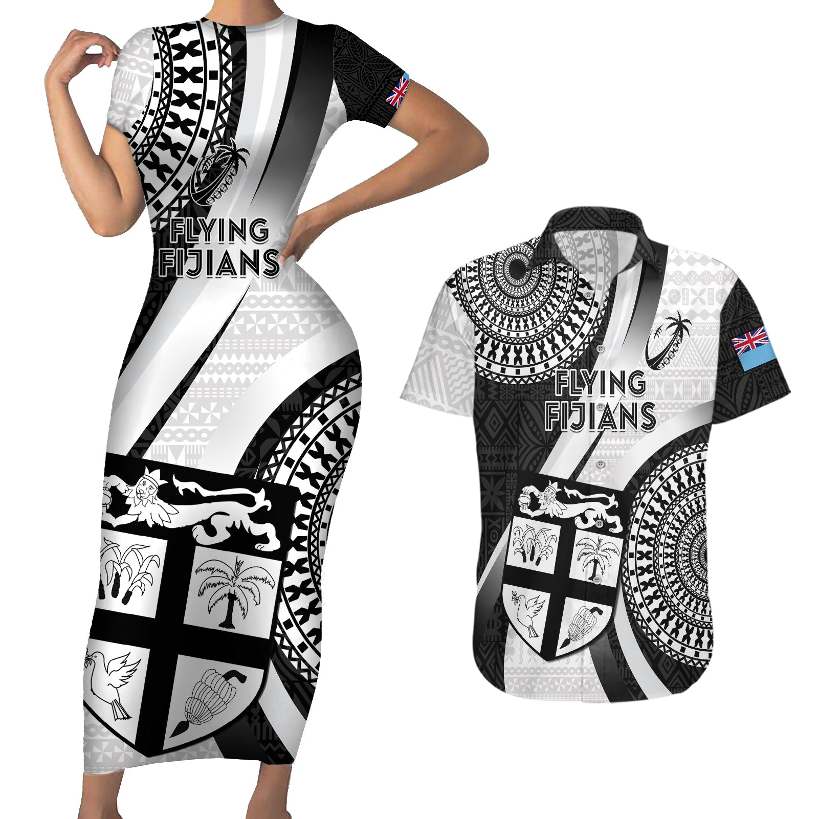 Fiji Rugby Couples Matching Short Sleeve Bodycon Dress and Hawaiian Shirt World Cup 2023 Go Champions Fijian Tapa Black Version LT14 Black - Polynesian Pride