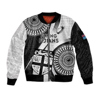 Custom Fiji Rugby Sleeve Zip Bomber Jacket World Cup 2023 Go Champions Fijian Tapa Black Version LT14 Unisex Black - Polynesian Pride