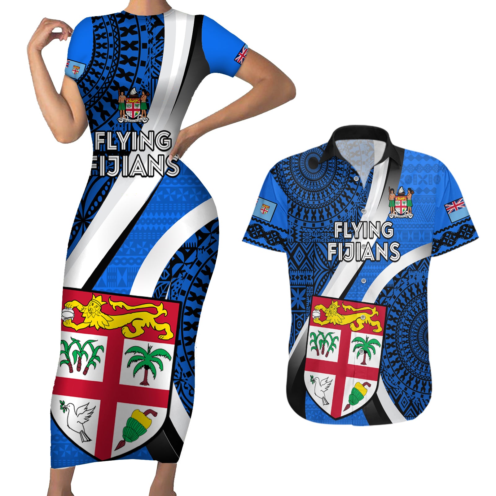 Fiji Rugby Couples Matching Short Sleeve Bodycon Dress and Hawaiian Shirt World Cup 2023 Go Champions Fijian Tapa Blue Version LT14 Blue - Polynesian Pride