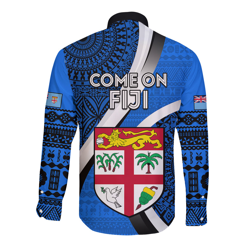 Fiji Rugby Long Sleeve Button Shirt World Cup 2023 Go Champions Fijian Tapa Blue Version LT14 - Polynesian Pride