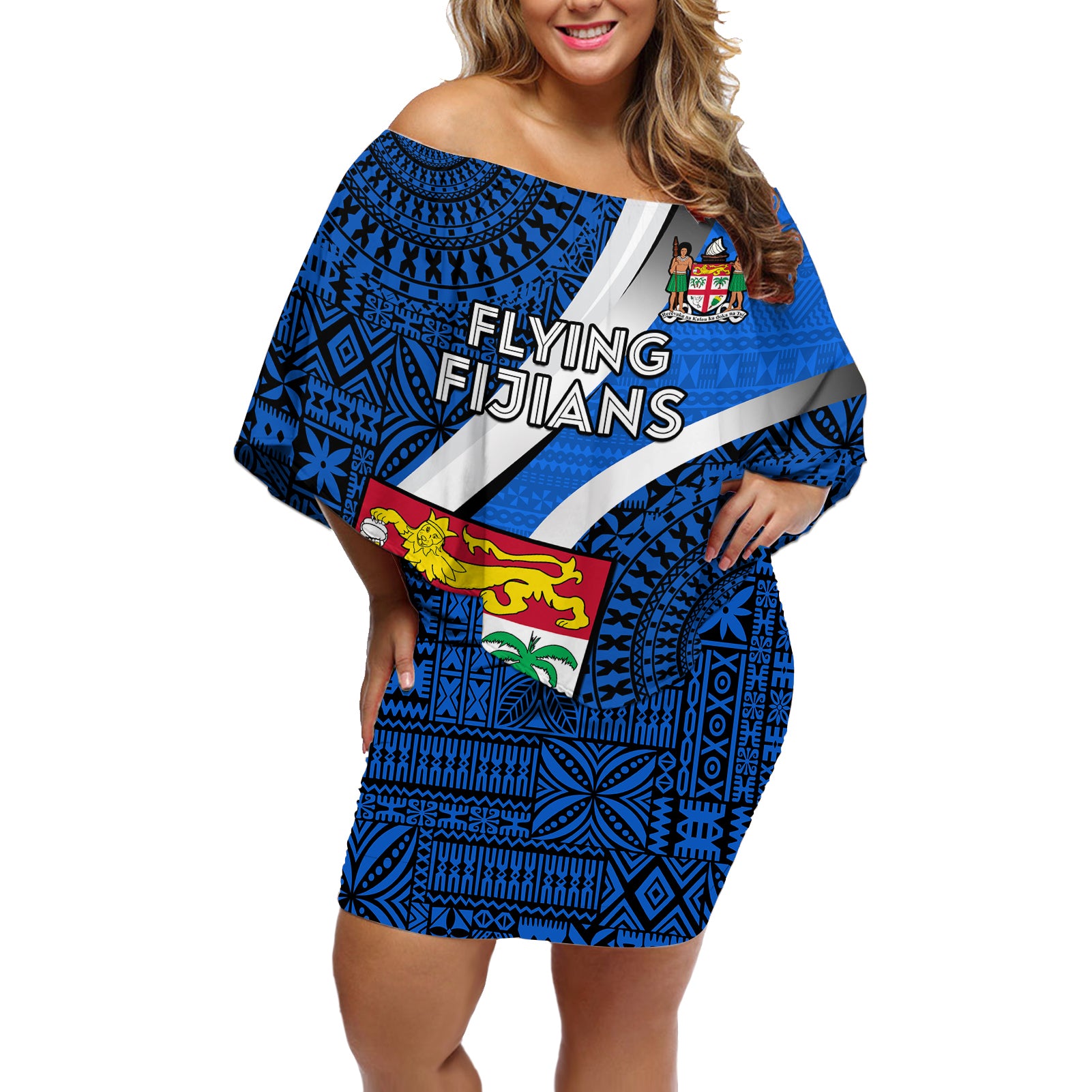 Fiji Rugby Off Shoulder Short Dress World Cup 2023 Go Champions Fijian Tapa Blue Version LT14 Women Blue - Polynesian Pride