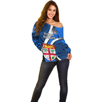 Fiji Rugby Off Shoulder Sweater World Cup 2023 Go Champions Fijian Tapa Blue Version LT14 - Polynesian Pride