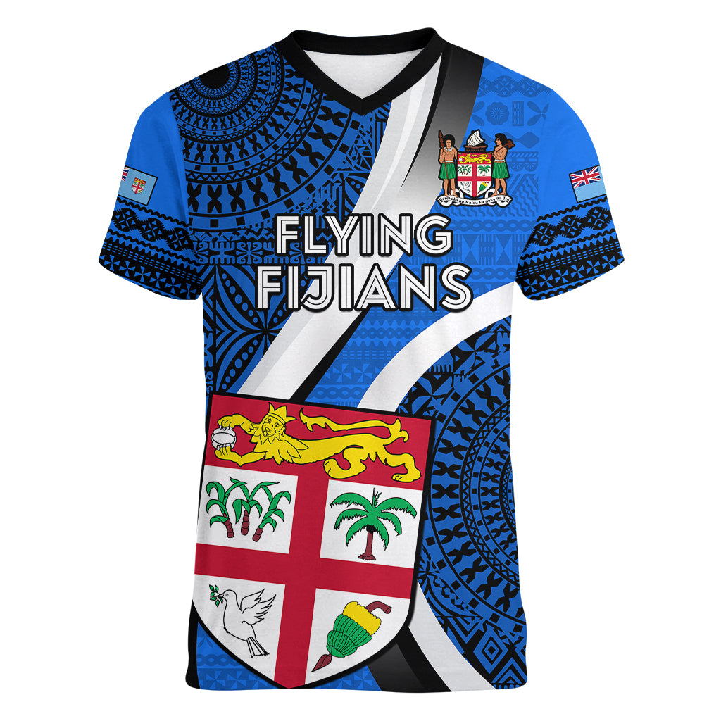 Fiji Rugby Women V Neck T Shirt World Cup 2023 Go Champions Fijian Tapa Blue Version LT14 Female Blue - Polynesian Pride
