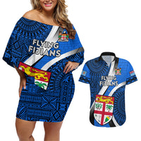 Custom Fiji Rugby Couples Matching Off Shoulder Short Dress and Hawaiian Shirt World Cup 2023 Go Champions Fijian Tapa Blue Version LT14 Blue - Polynesian Pride