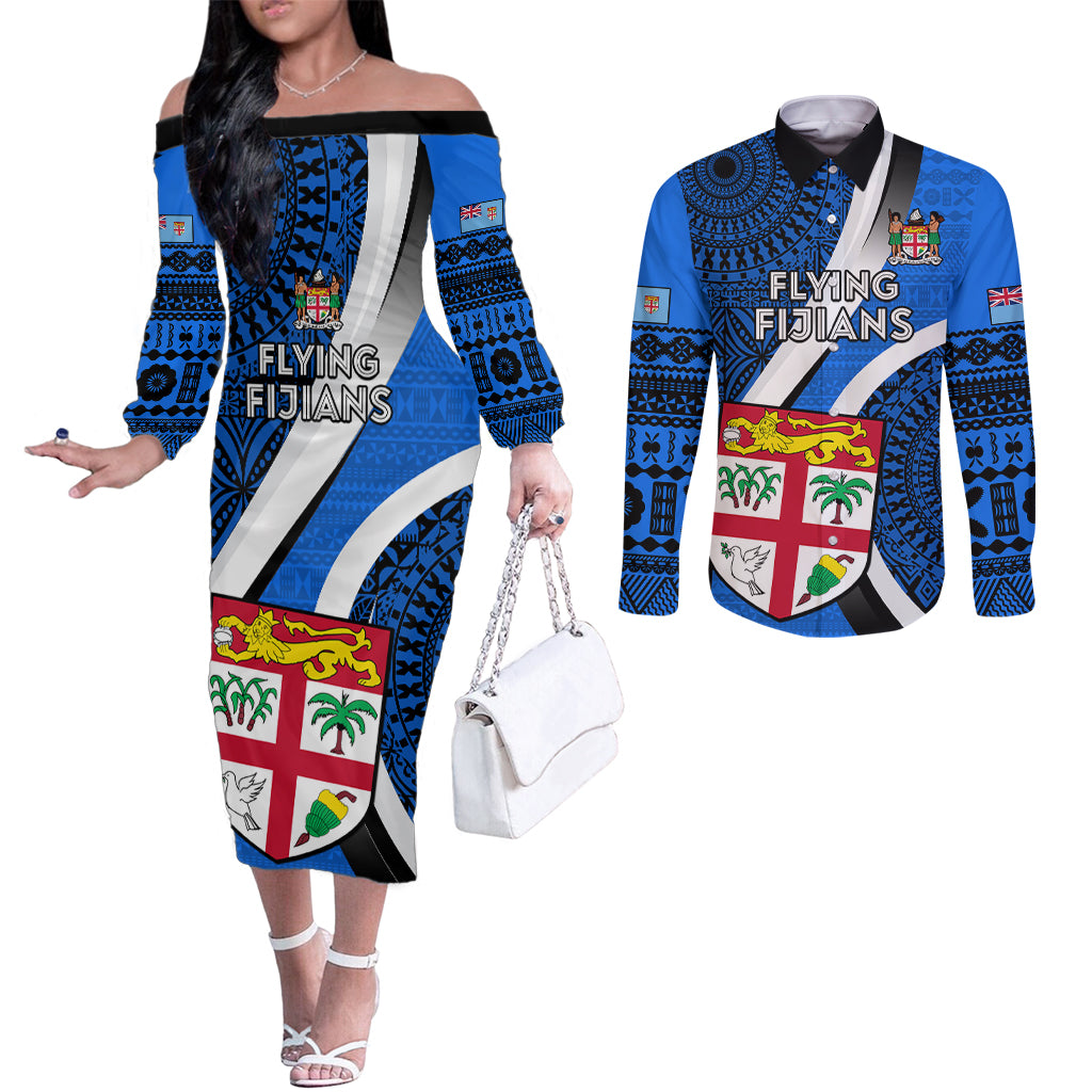 Custom Fiji Rugby Couples Matching Off The Shoulder Long Sleeve Dress and Long Sleeve Button Shirts World Cup 2023 Go Champions Fijian Tapa Blue Version LT14 Blue - Polynesian Pride