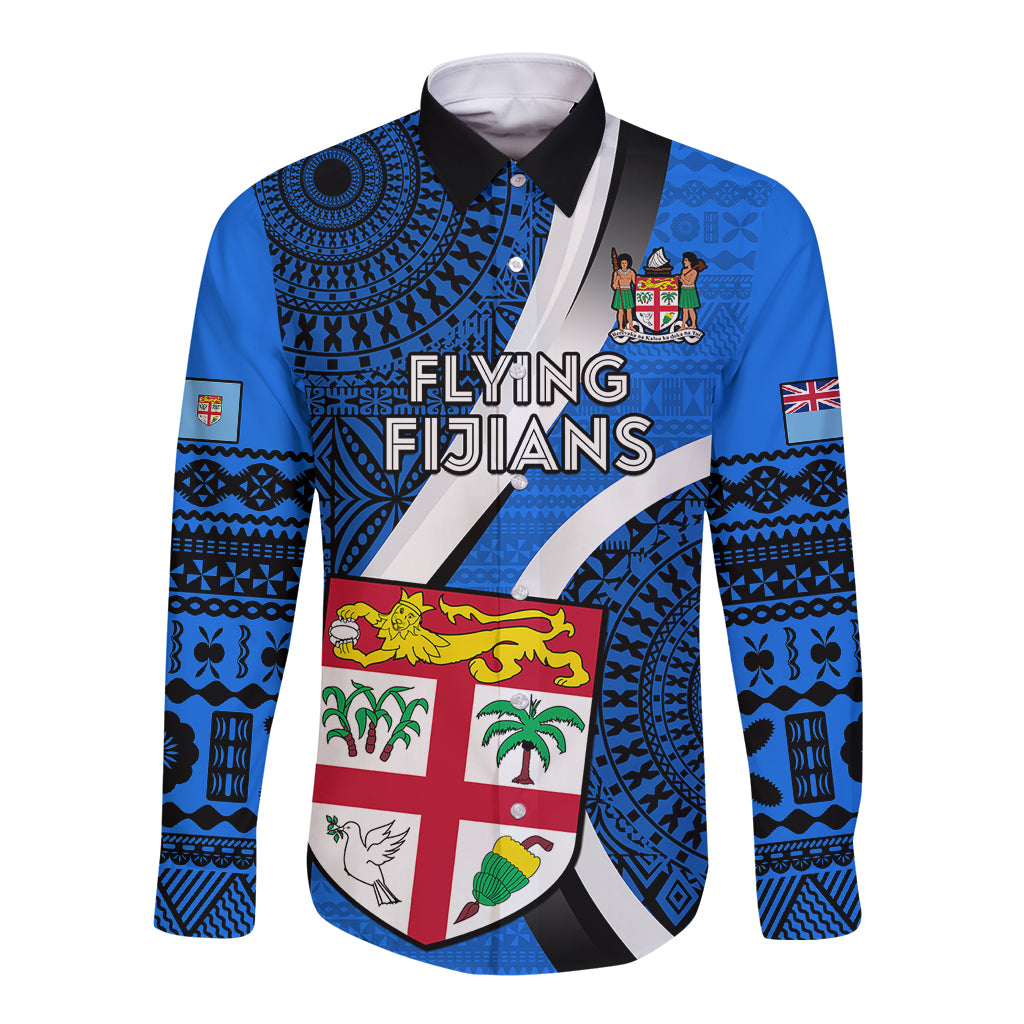 Custom Fiji Rugby Long Sleeve Button Shirt World Cup 2023 Go Champions Fijian Tapa Blue Version LT14 Unisex Blue - Polynesian Pride