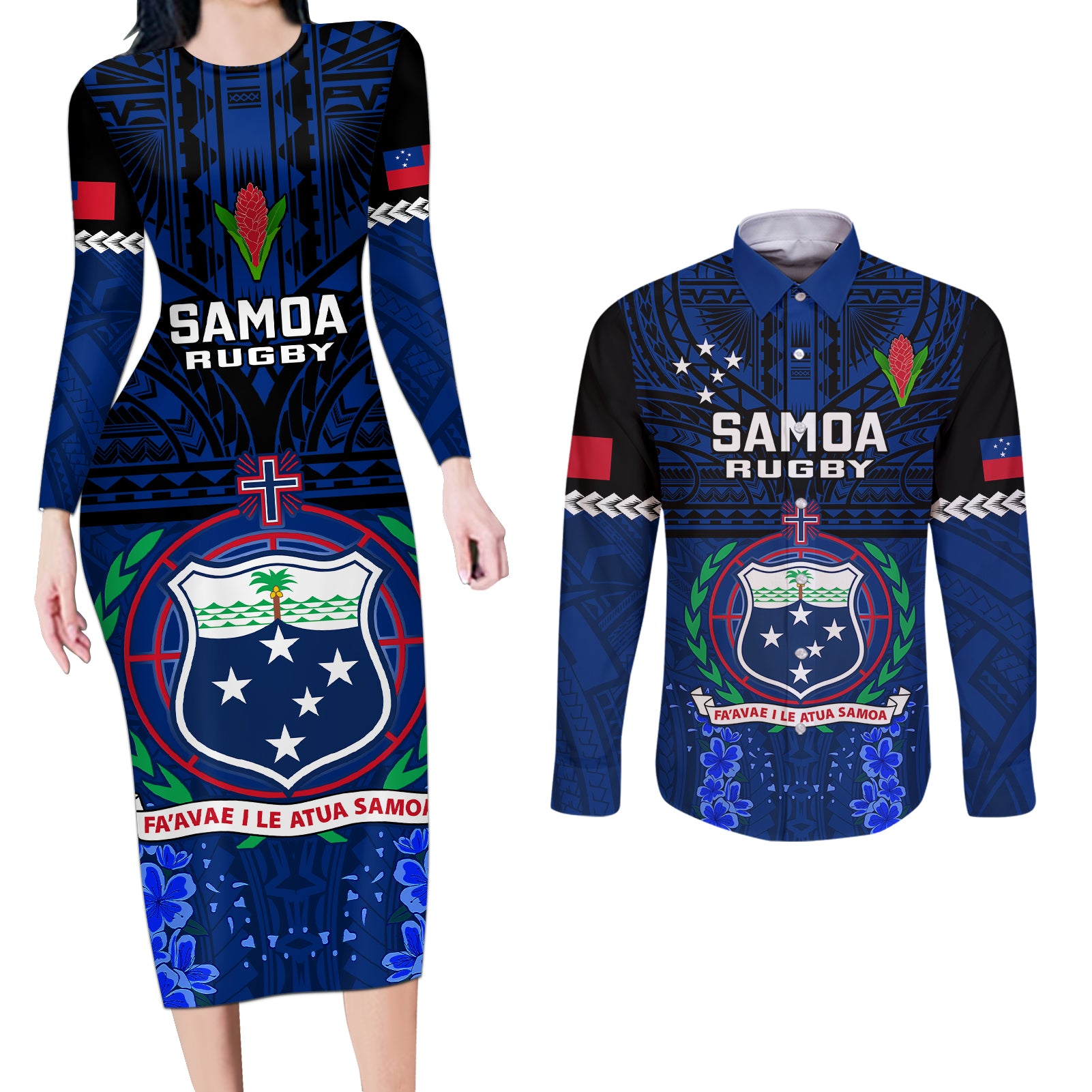 Samoa Rugby Couples Matching Long Sleeve Bodycon Dress and Long Sleeve Button Shirts World Cup 2023 Go Champions Manu Samoa LT14 Blue - Polynesian Pride