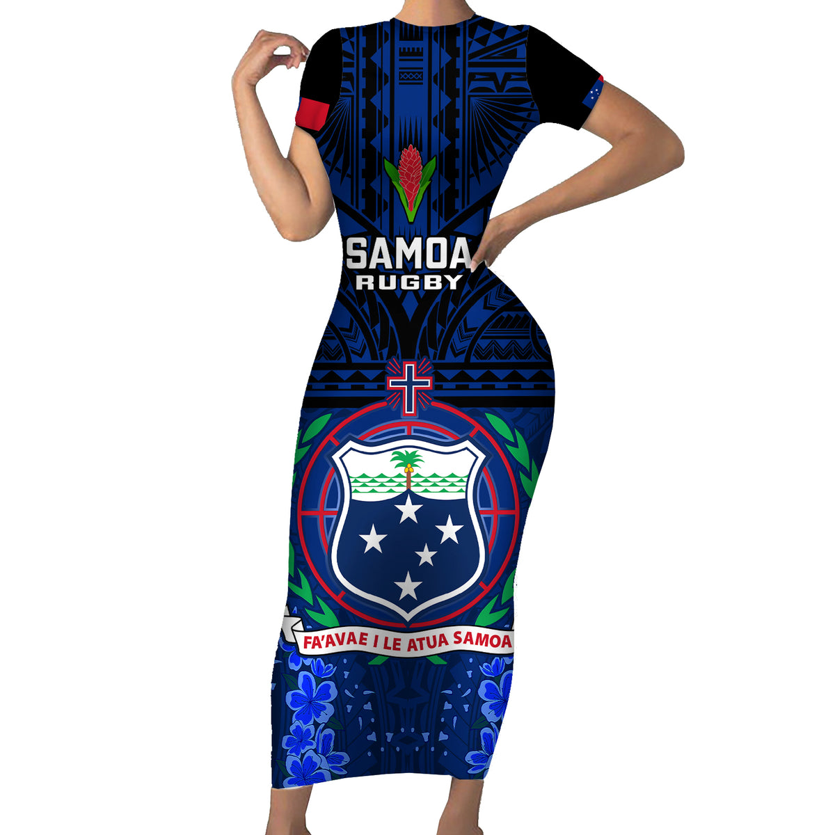 Samoa Rugby Short Sleeve Bodycon Dress World Cup 2023 Go Champions Manu Samoa LT14 Long Dress Blue - Polynesian Pride